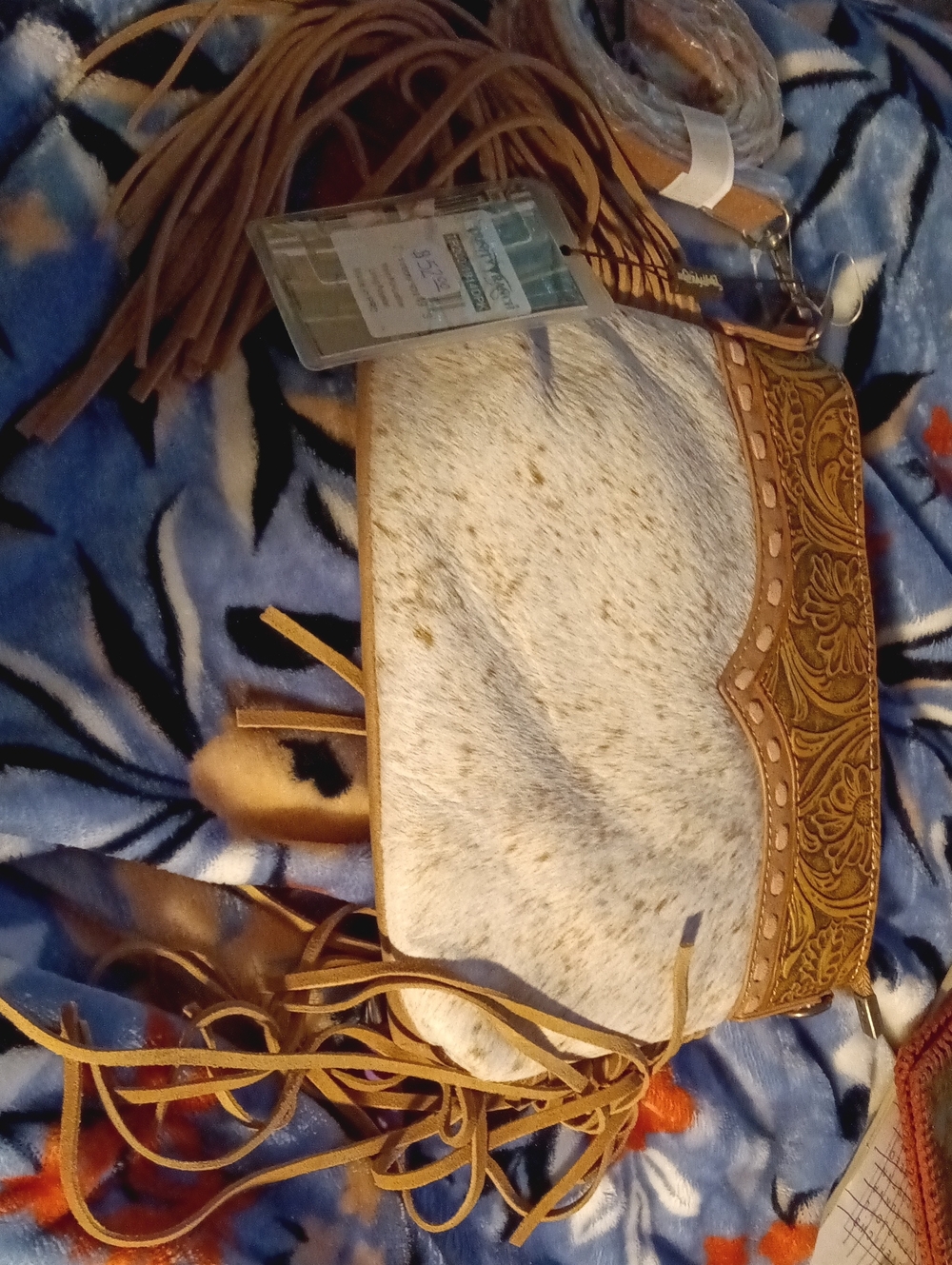 Fringe Crossbody Bag in Light Tan with Haircalf Accent